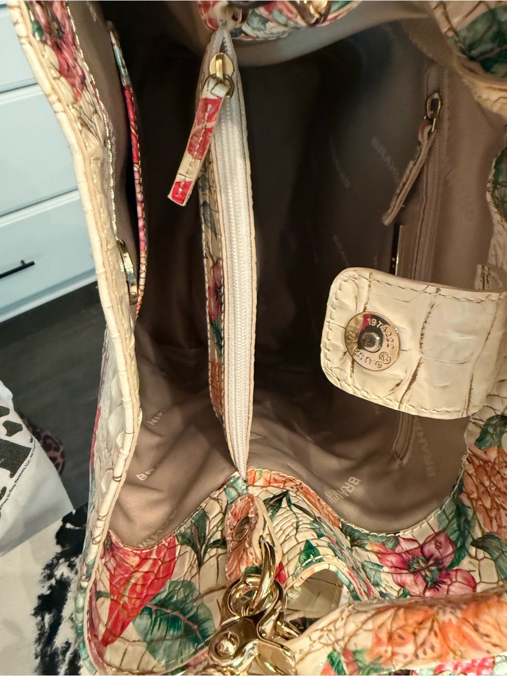 Brahmin Cream Floral Embossed Croc-Texture Satchel - Picture 4 of 6